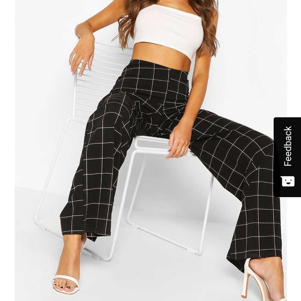 Tonal Check High Waist Wide Leg Pants